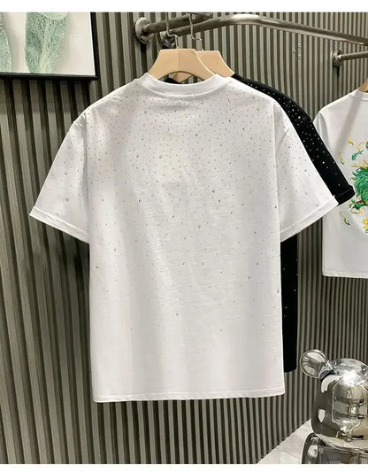 Été strass Rivet T-shirt pour hommes vêtements col rond T-shirt style décontracté mode haute rue 2025 hommes été manches courtes