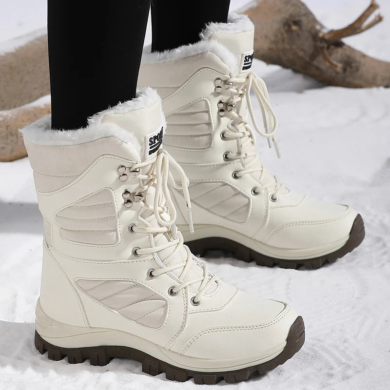 Bottes de neige à la mode pour femmes, design de couleur unie, style bout rond, couche extérieure en fibre ultra-fine, doublure en tissu, semelle en caoutchouc, t