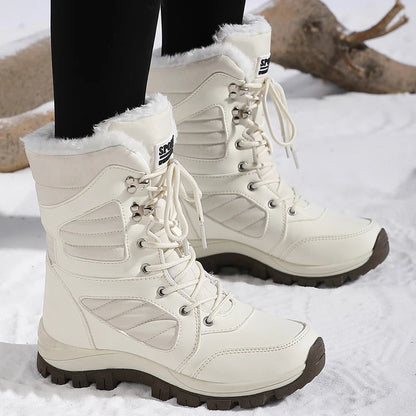 Bottes de neige à la mode pour femmes, design de couleur unie, style bout rond, couche extérieure en fibre ultra-fine, doublure en tissu, semelle en caoutchouc, t