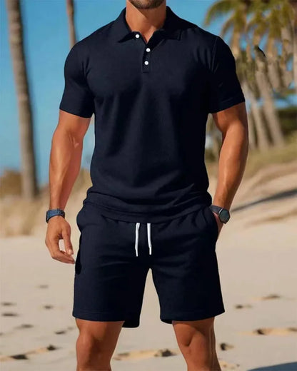 Ensemble chemise et Short à revers en maille pour hommes, décontracté, plage, été, confortable, respirant, ample, couleur unie,