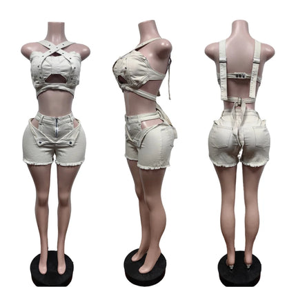 Ensemble court en Jean Sexy pour femmes, haut court en Denim à bretelles et Short découpé, vêtements d'été, Streetwear, deux tenues de Club 2 pièces, 2025