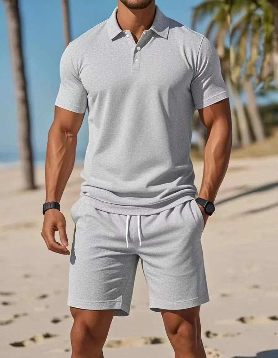 Ensemble chemise et Short à revers en maille pour hommes, décontracté, plage, été, confortable, respirant, ample, couleur unie,
