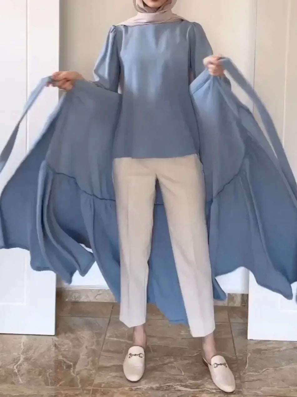 Women Eid Muslim Ensemble Two-Piece Set with Blouse And Skirt Islamic Kaftan Arab Casual Autumn Belted Ramadan Spliced Jalabiy