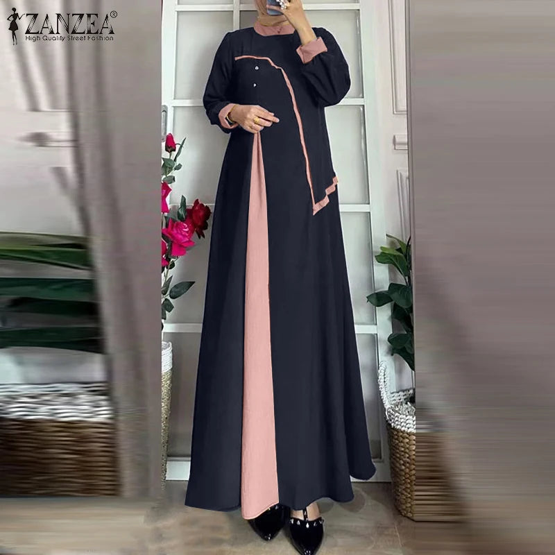 ZANZEA Muslim Women Vestidos Abaya Hijab O Neck Color Block Long Sleeve Eid Mubarak Maxi Dress Islamic Casual Robe 2025 Spring