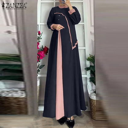 ZANZEA Muslim Women Vestidos Abaya Hijab O Neck Color Block Long Sleeve Eid Mubarak Maxi Dress Islamic Casual Robe 2025 Spring