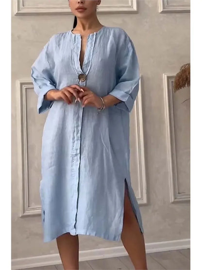 Y2k Long Sleeve Linen Maxi Dress Women Summer2024 Summer Casual Solid Color Party Loose Long Dresses Elegant Vestidos - DOGOMET DIGITAL PLUS