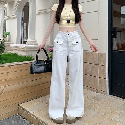 Jean Baggy blanc pour femmes, Streetwear, décontracté, poches amples, jambes larges, pantalon de sol en Denim, taille haute, droit, Y2K, 2025