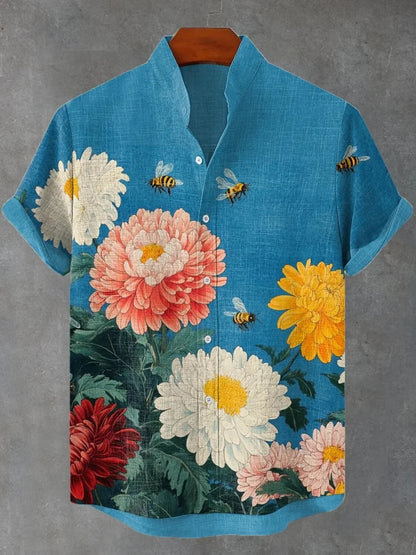 2025 nouvelle chemise à col montant pour hommes, chemise boutonnée cardigan imprimé samouraï japonais, chemise pour hommes à manches courtes en lin rétro