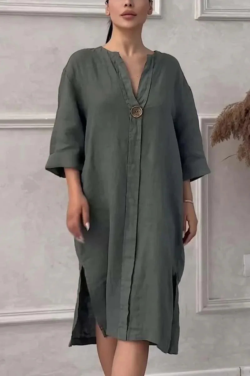 Loose V-neck Two Side Slit Pullover Dress 2024 Women's New Cotton And Linen Solid Color Casual Long-Sleeved Button Maxi Dress - DOGOMET DIGITAL PLUS