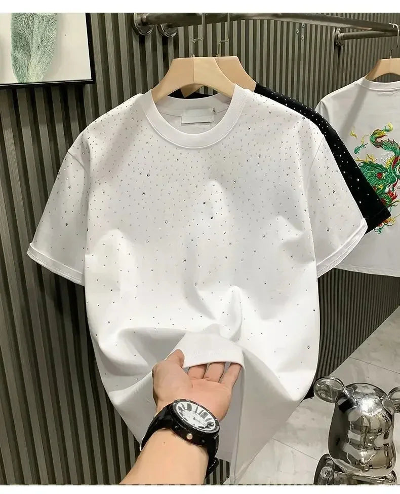 Été strass Rivet T-shirt pour hommes vêtements col rond T-shirt style décontracté mode haute rue 2025 hommes été manches courtes