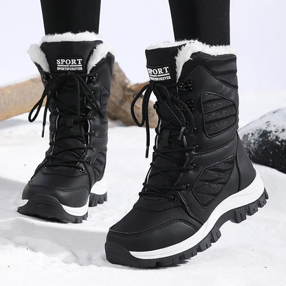 Bottes de neige à la mode pour femmes, design de couleur unie, style bout rond, couche extérieure en fibre ultra-fine, doublure en tissu, semelle en caoutchouc, t