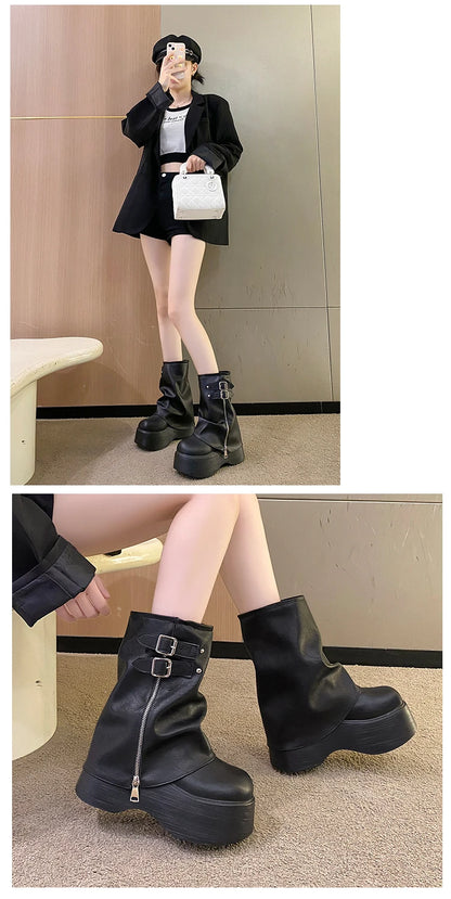 Soft Leather Ankle Mid Calf Boots Winter Autumn High Platform Wedge British Booties Woman New Ladies Chunky Motorcycle Boots 9CM