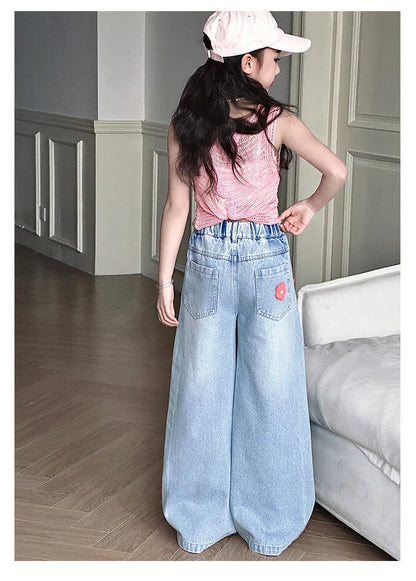 Jean Baggy à Fleurs pour Adolescente, Pantalon en Denim à Jambes Larges, à la Mode, pour Enfant