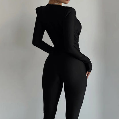 JUISSA MO Women Deep V Neck Ruched Jumpsuit Long Sleeve High Waist Playsuit Female Winter Battery Elegant Activewear Sexy