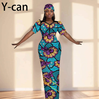 Robe de soirée robes africaines pour femmes coupe ajustée robe à manches courtes robes de soirée avec bandeau Dashiki Ankara imprimer 2525071