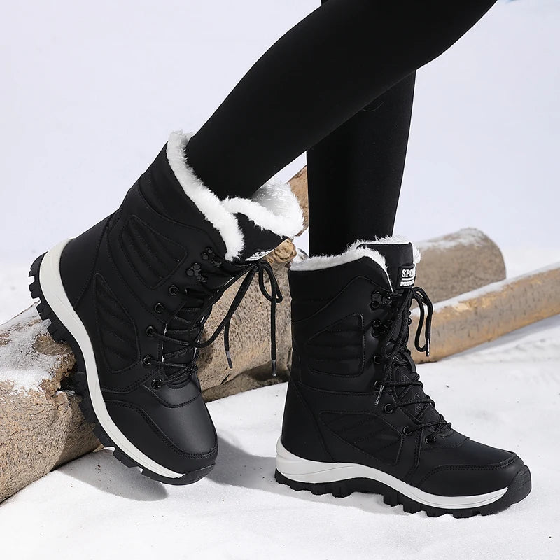 Bottes de neige à la mode pour femmes, design de couleur unie, style bout rond, couche extérieure en fibre ultra-fine, doublure en tissu, semelle en caoutchouc, t