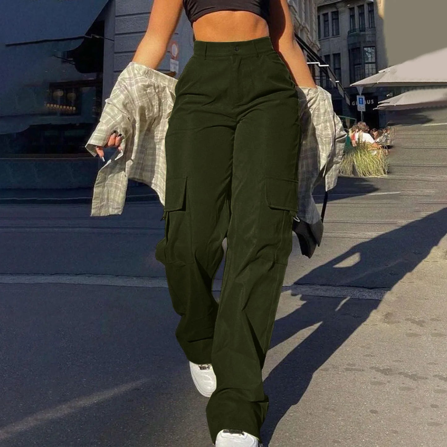 Women's Loose Cargo Pants High Waist Wide Leg Solid Color Full Length Trousers With Pockets Casual All Seasons Long Pantalones