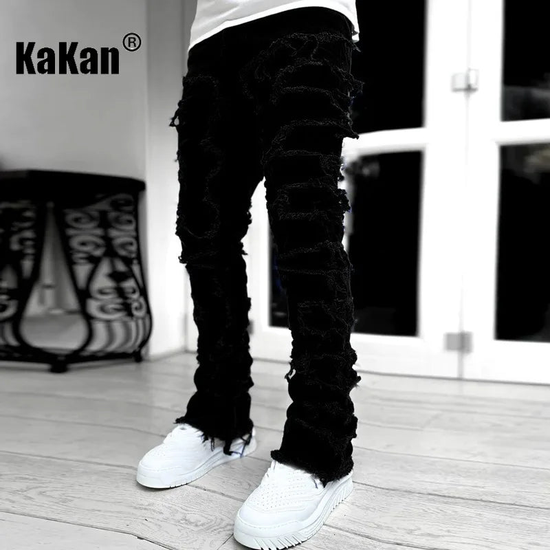 Kakan - New Men's Elastic Patch Jeans, Y2k Clothes Street Fashion Straight Leg Pants Long Jeans Jeans Man Brand - DOGOMET DIGITAL PLUS