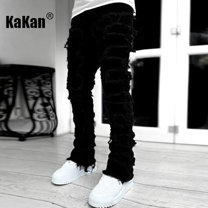 Kakan - New Men's Elastic Patch Jeans, Y2k Clothes Street Fashion Straight Leg Pants Long Jeans Jeans Man Brand - DOGOMET DIGITAL PLUS