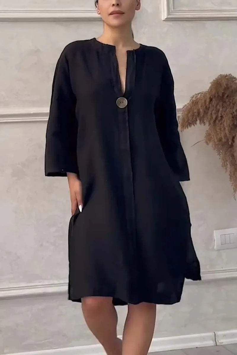2024 Summer Fashion New Elegant Women's Cotton and Hemp Casual Long Sleeved V-neck Mid Length Commuter Style Solid Color Dress - DOGOMET DIGITAL PLUS