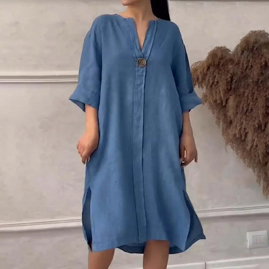 Soft Fabric Women Dress Button V-neck Dress Women's Loose V Neck A-line Midi Dress with Three Quarter Sleeves for Wear - DOGOMET DIGITAL PLUS
