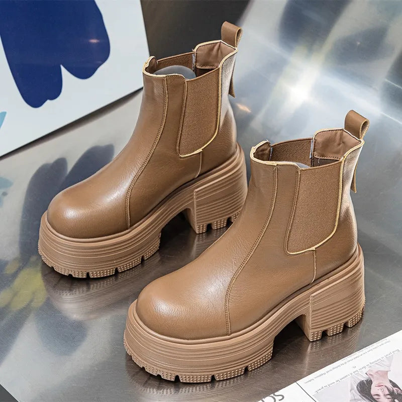 AIYUQI Women Ankle Boots Genuine Leather 9cm Heel High Boots Women Platform High Heel British Style Women Chelsea Booties