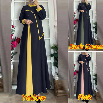 ZANZEA Muslim Women Vestidos Abaya Hijab O Neck Color Block Long Sleeve Eid Mubarak Maxi Dress Islamic Casual Robe 2025 Spring