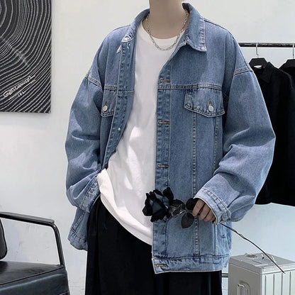 Veste en jean décontractée pour homme, veste en jean à revers solide, mode de rue, manteau d'automne bleu rétro, vestes en jean de moto en plein air, nouvelles zones