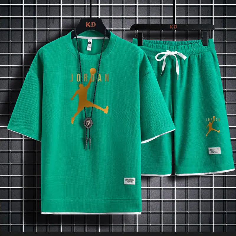 A 2025 new summer outdoor short-sleeved round-neck T-shirt and breathable shorts two-piece fashionable sporty casual suit - DOGOMET DIGITAL PLUS