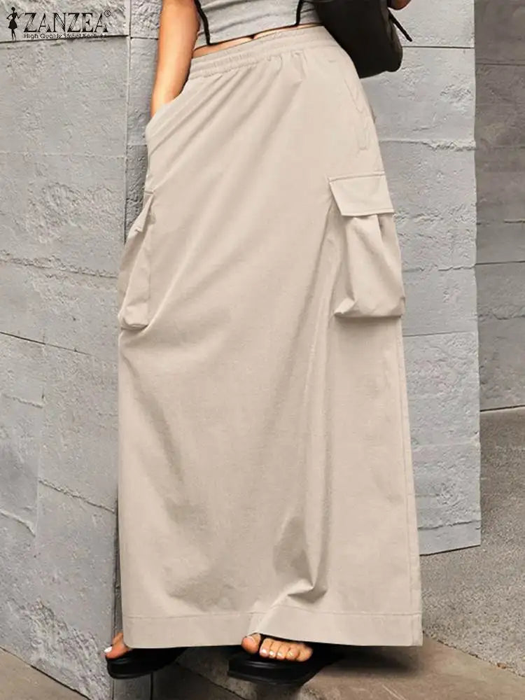 ZANZEA-Jupe Cargo adt pour Femme, Vintage, Élégante, Maxi, Bureau, Grandes Poches, Taille artificiel astique, Streetwear, Automne, 2023