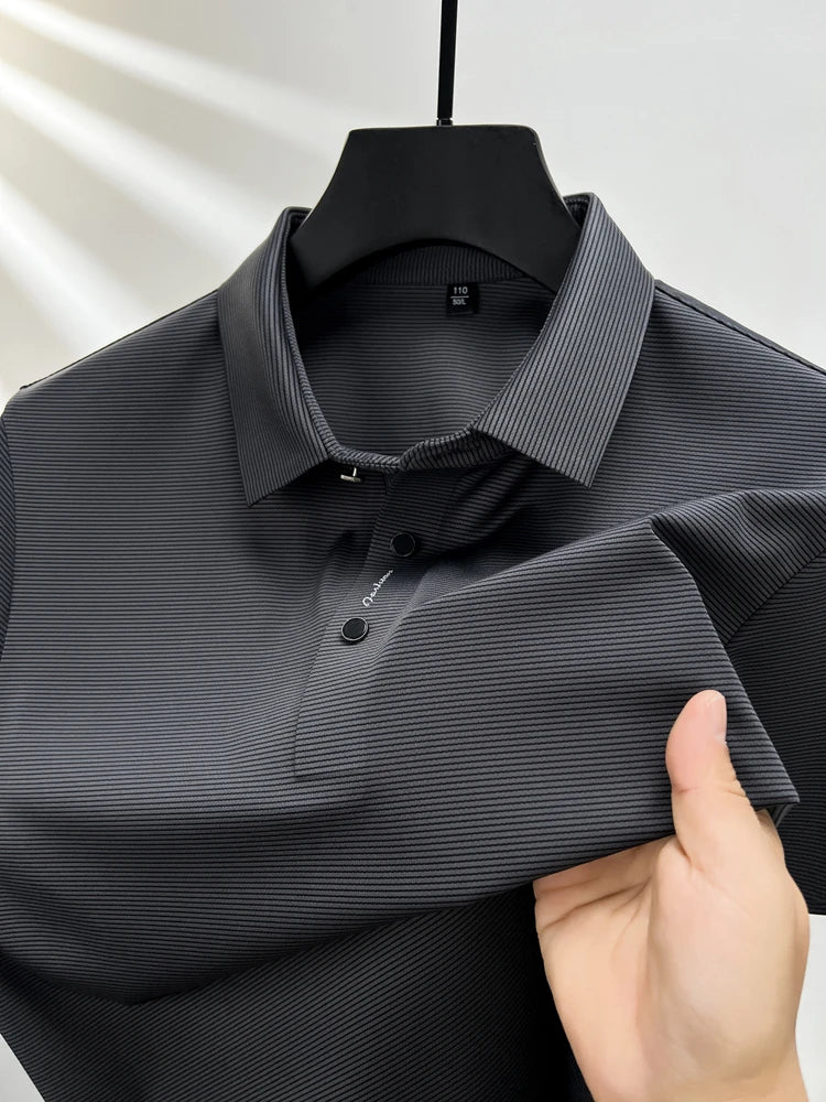 2024 Summer New Short sleeved High end Textured Letter Men's POLO Shirt Comfortable Silk Ice Feel Casual Business lapel T-shirt