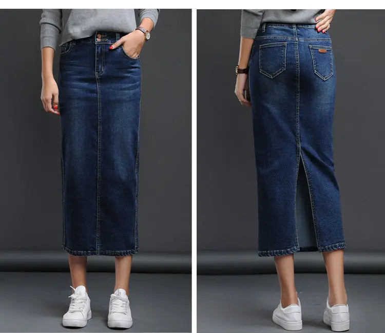 Classic Denim Women 2023 Long Jean Skirt High Waist Pencil Skirt Ladies Stretch Black Blue Faldas Largas Jupe Longue Femme