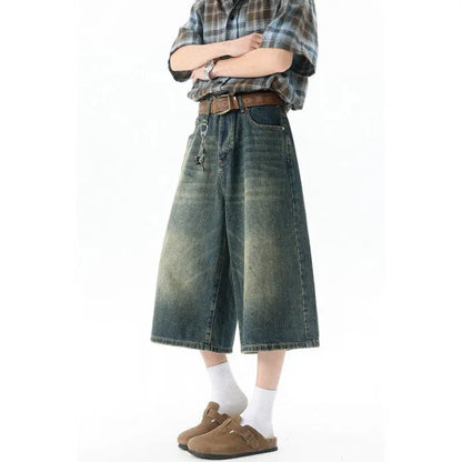 Trendy High-Waisted Wide-Leg Cropped Jeans for Men 2025 Summer Casual Stretch Denim Capri Pants Comfort Fit & Stylish Outfit 8XL