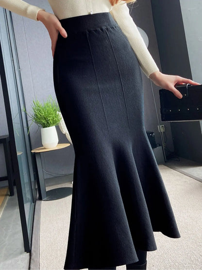 Women Black Knitted Skirt Slim High Waist Mermaid Elegant Retro Party Fashion Evening Chic Female Skirts C-067