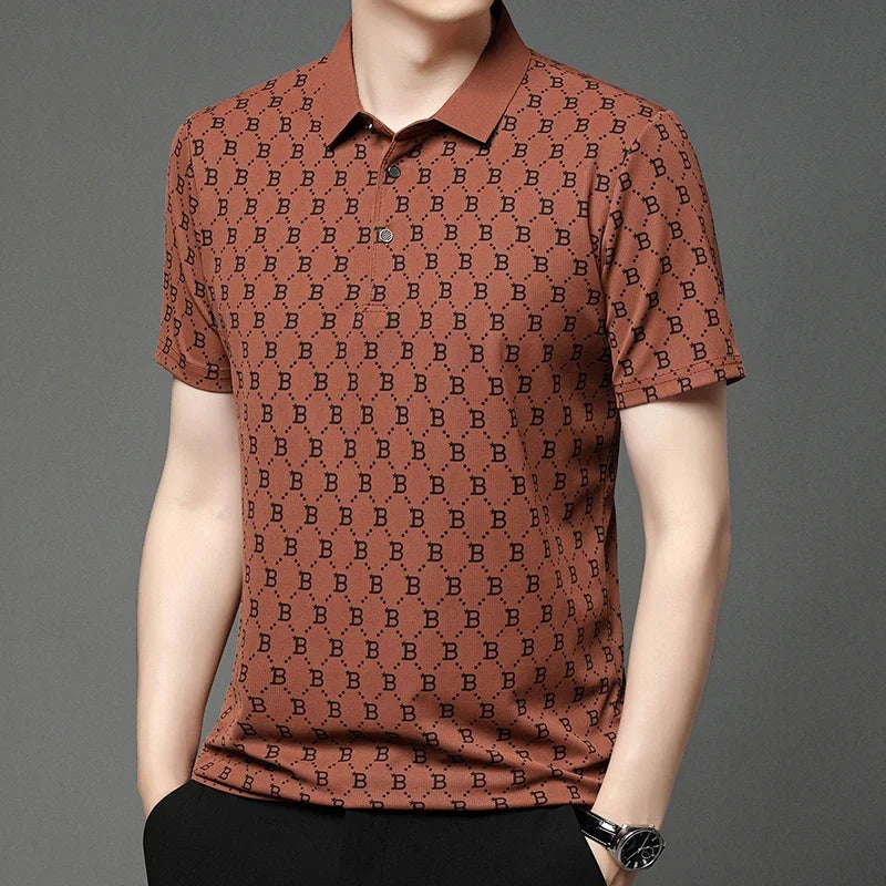 2025 Summer New Men's Business Print Short Sleeved POLO Shirt Comfortable and Cool Casual Fashion T-shirt