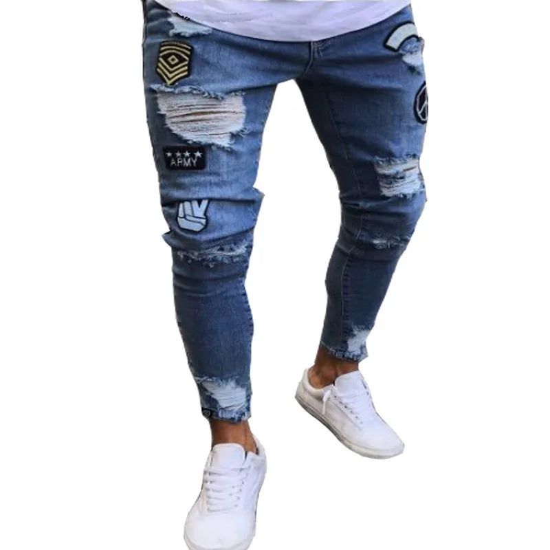 Jean déchiré hommes Stretch maigre gris bleu noir Hip Hop Denim pantalon Streetwear décontracté coupe ajustée jean pour hommes Jogging jean