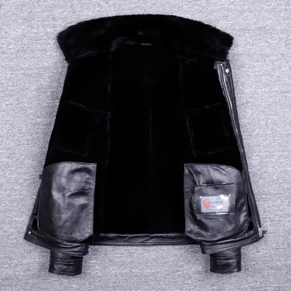 Veste de moto en cuir véritable pour hommes, manteau de fourrure, cuir naturel, chaud, hiver, zones me, SGG1109