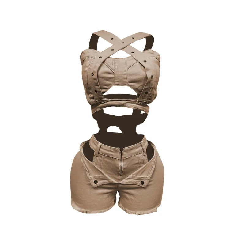 Ensemble court en Jean Sexy pour femmes, haut court en Denim à bretelles et Short découpé, vêtements d'été, Streetwear, deux tenues de Club 2 pièces, 2025