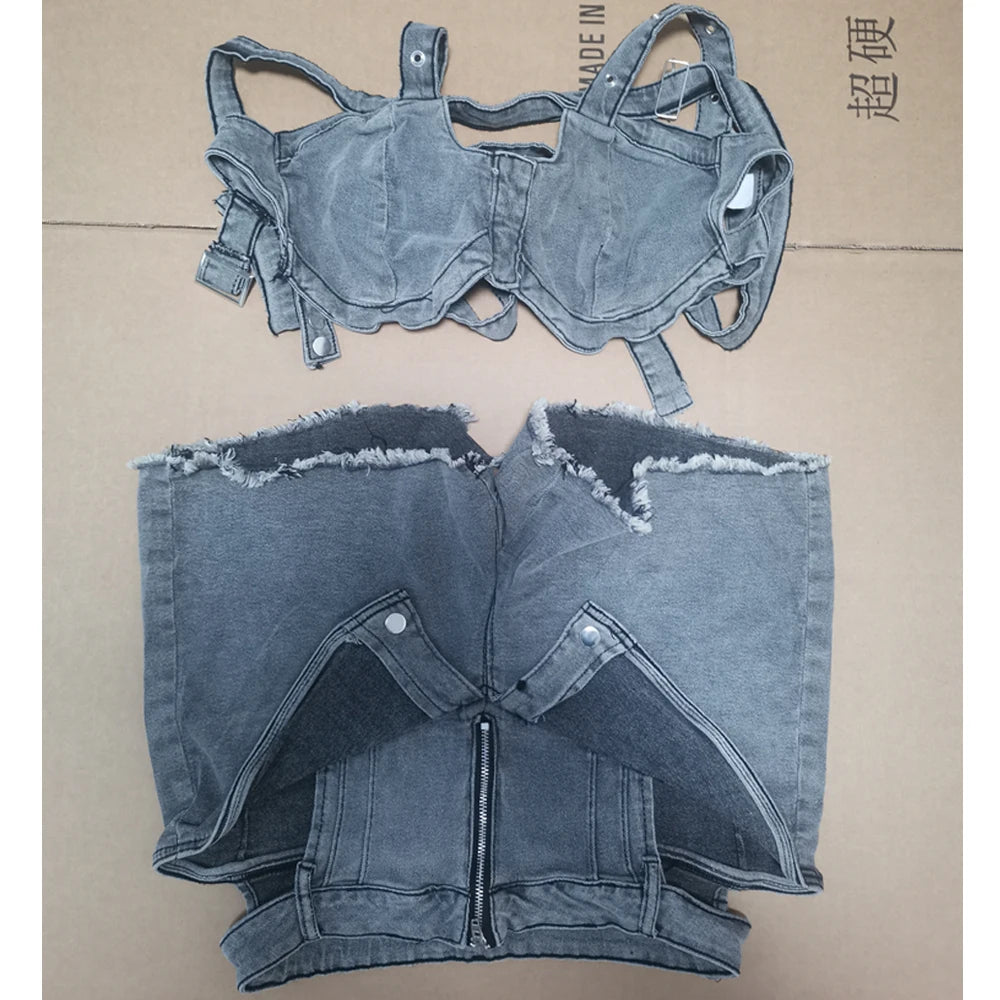 Ensemble court en Jean Sexy pour femmes, haut court en Denim à bretelles et Short découpé, vêtements d'été, Streetwear, deux tenues de Club 2 pièces, 2025