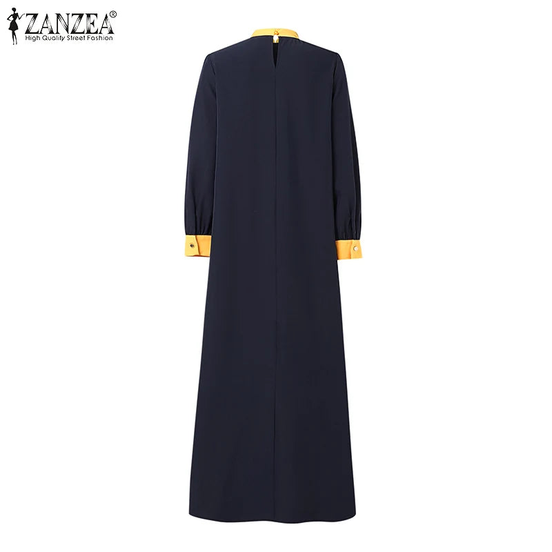 ZANZEA Muslim Women Vestidos Abaya Hijab O Neck Color Block Long Sleeve Eid Mubarak Maxi Dress Islamic Casual Robe 2025 Spring