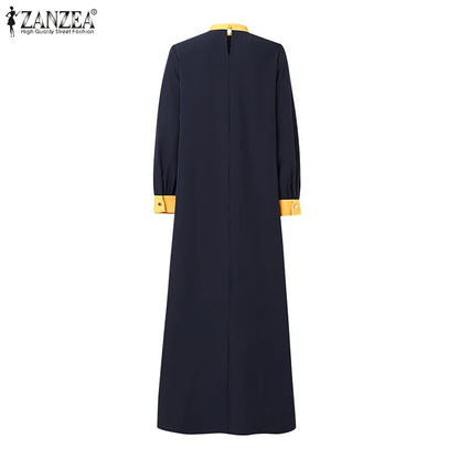 ZANZEA Muslim Women Vestidos Abaya Hijab O Neck Color Block Long Sleeve Eid Mubarak Maxi Dress Islamic Casual Robe 2025 Spring