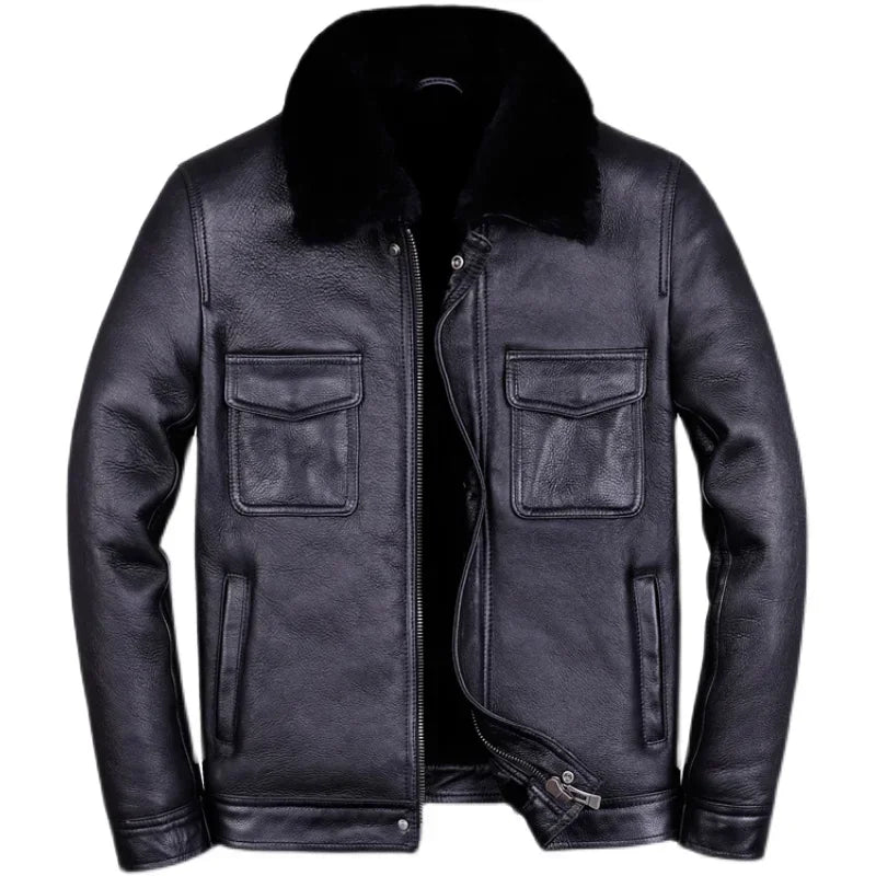 Veste de moto en cuir véritable pour hommes, manteau de fourrure, cuir naturel, chaud, hiver, zones me, SGG1109
