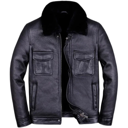 Veste de moto en cuir véritable pour hommes, manteau de fourrure, cuir naturel, chaud, hiver, zones me, SGG1109