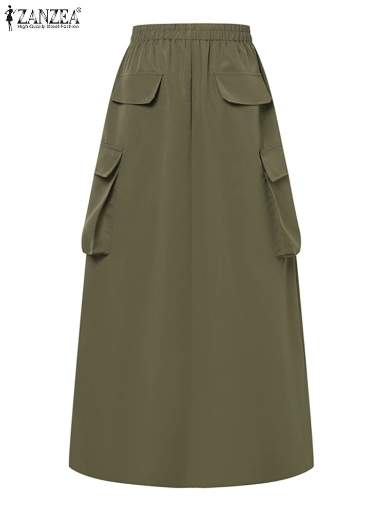 ZANZEA-Jupe Cargo adt pour Femme, Vintage, Élégante, Maxi, Bureau, Grandes Poches, Taille artificiel astique, Streetwear, Automne, 2023