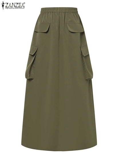 ZANZEA-Jupe Cargo adt pour Femme, Vintage, Élégante, Maxi, Bureau, Grandes Poches, Taille artificiel astique, Streetwear, Automne, 2023
