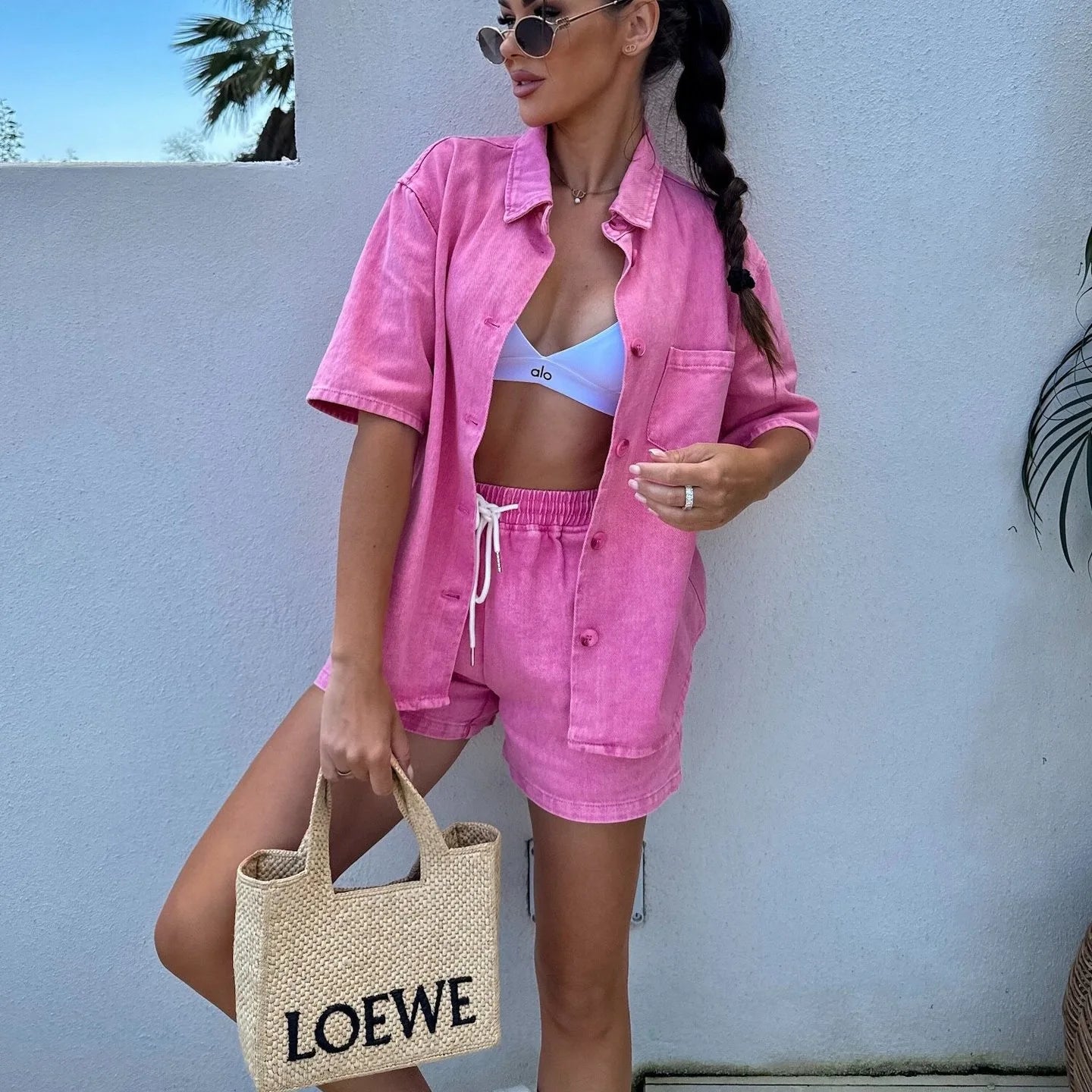 2025 Summer Women's Fashion Casual Loose Short Sleeve Shirt Denim Shorts Set Ensemble Femme 2 Pièces Été