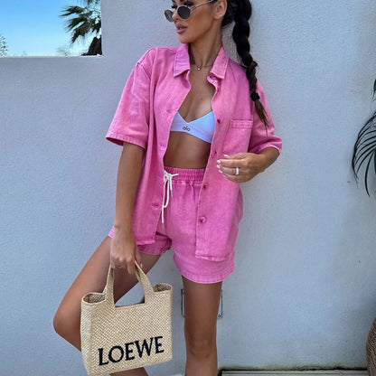 2025 Summer Women's Fashion Casual Loose Short Sleeve Shirt Denim Shorts Set Ensemble Femme 2 Pièces Été