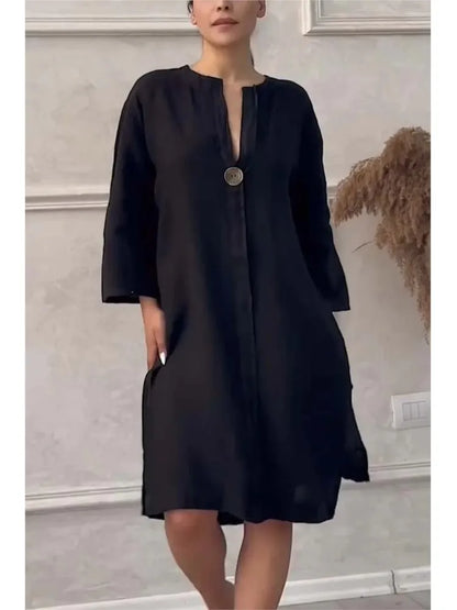 Elegant O-neck Long-sleeved Button Dress For Women Summer Cotton And Linen Solid Color Loose Casual Slit Simple Dress Female - DOGOMET DIGITAL PLUS