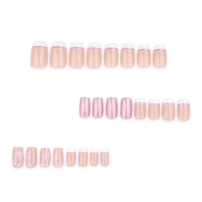 24 pièces court carré presse sur ongles dégradé paillettes faux ongles pointe française lignes acrylique ongles couverture complète portable faux ongles conseils