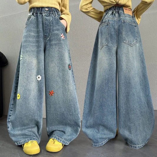 Jean Baggy pour enfants, Design à la mode, avec broderie de fleurs, pantalon en Denim décontracté à jambes larges pour adolescentes, pantalon tendance pour enfants